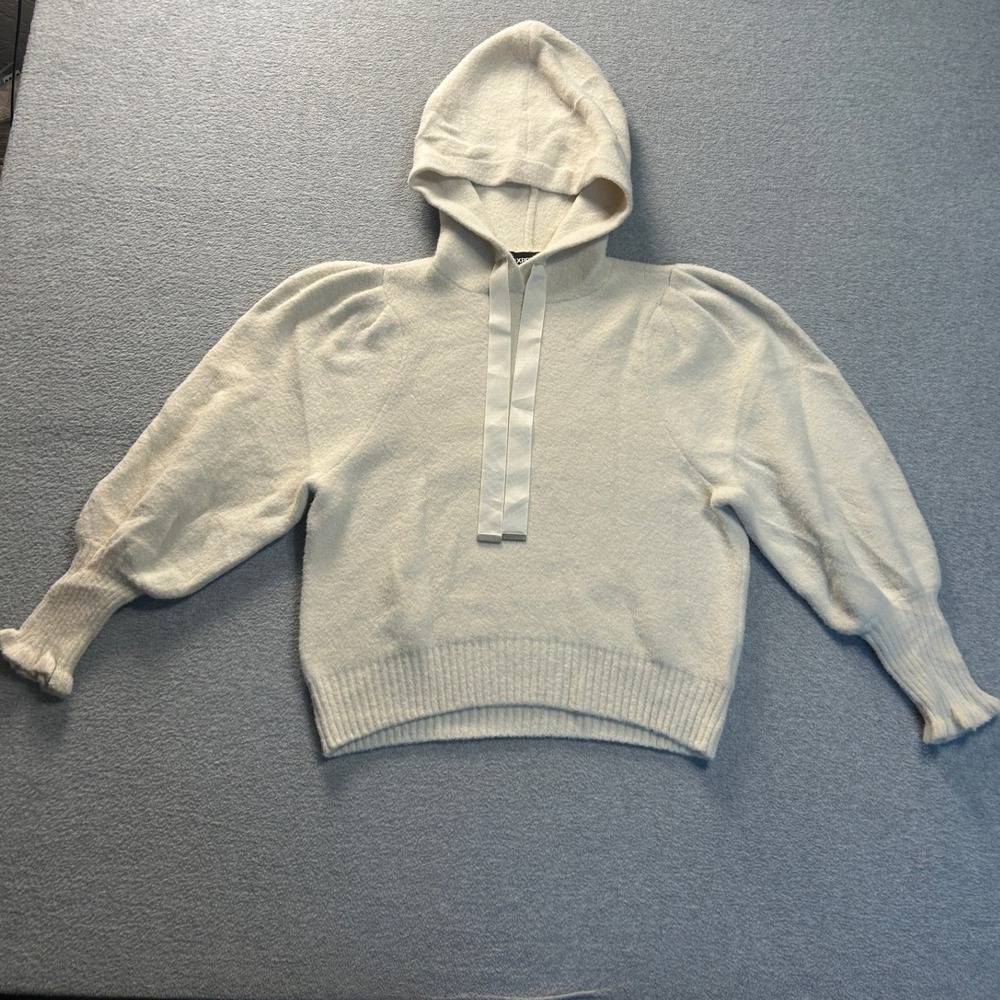 Express Knit Hooded Sweater Womens XS Cream Ribbon Tie Cozy Minimalist Preppy